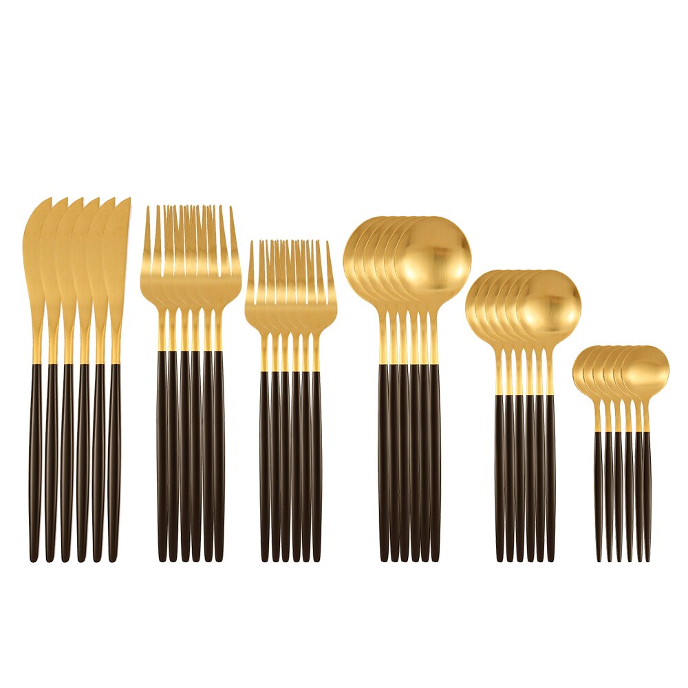 36 pièces or mat couverts ensemble de couverts en acier inoxydable vaisselle Dessert fourchette thé cuillère couteau argenterie cuisine vaisselle: Black gold