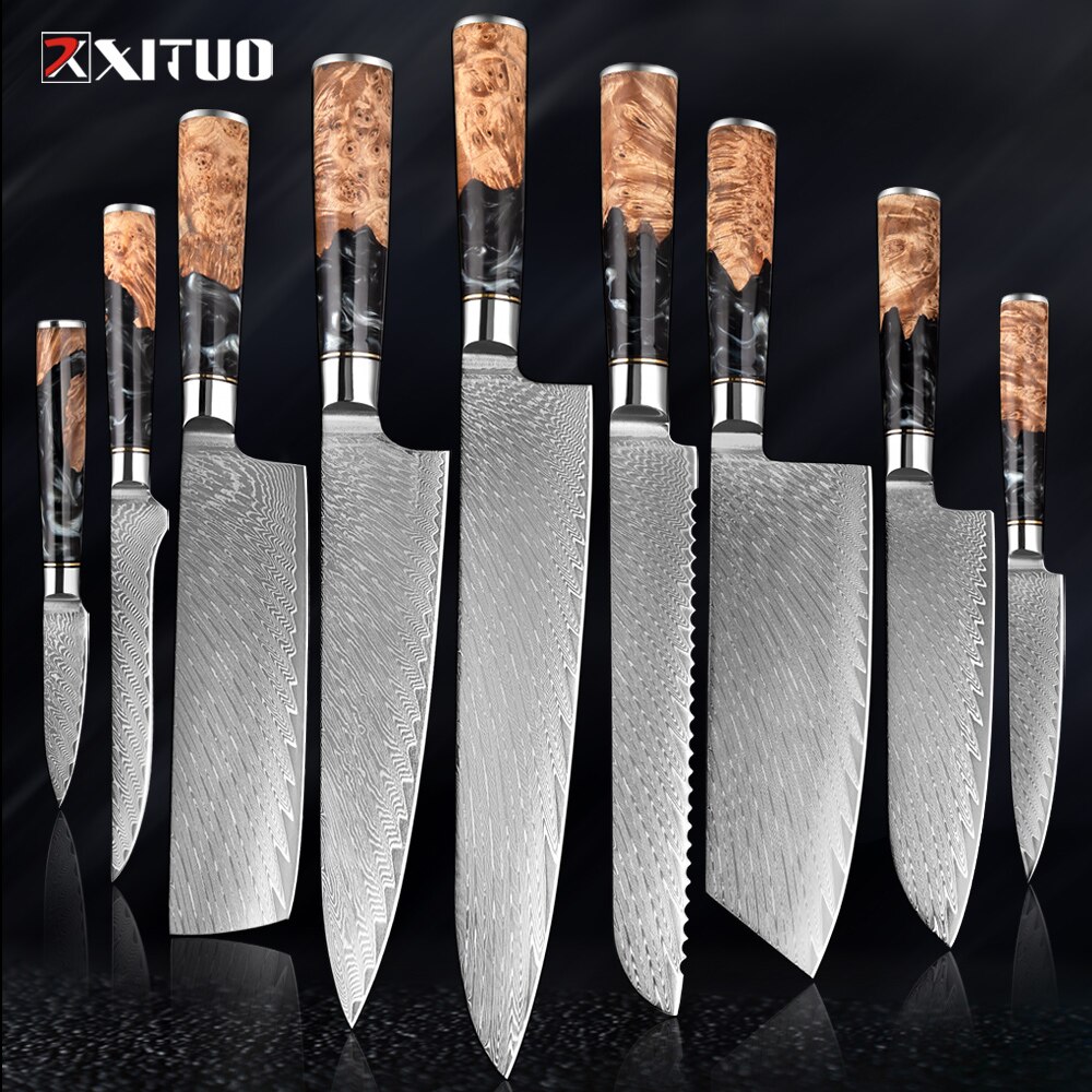 XITUO – ensemble de couteaux de cuisine en acier damas, couteau de chef japonais, couperet à pain utilitaire en résine et manche en bois stabilisé