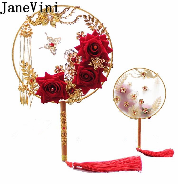 JaneVini Luxe Gouden Bloemen Fan Ronde Rode Roos Kunstmatige Bruidsboeket Chinese Stijl Parel Kralen Wedding Boeket Bruid Fans