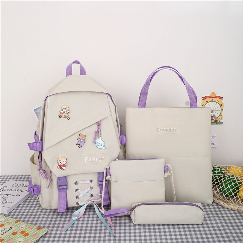 Girls School Bags for Teenage 4 Pcs Set Nylon Cute Ribbon Backpack Women Middle Student Schoolbag: Beige