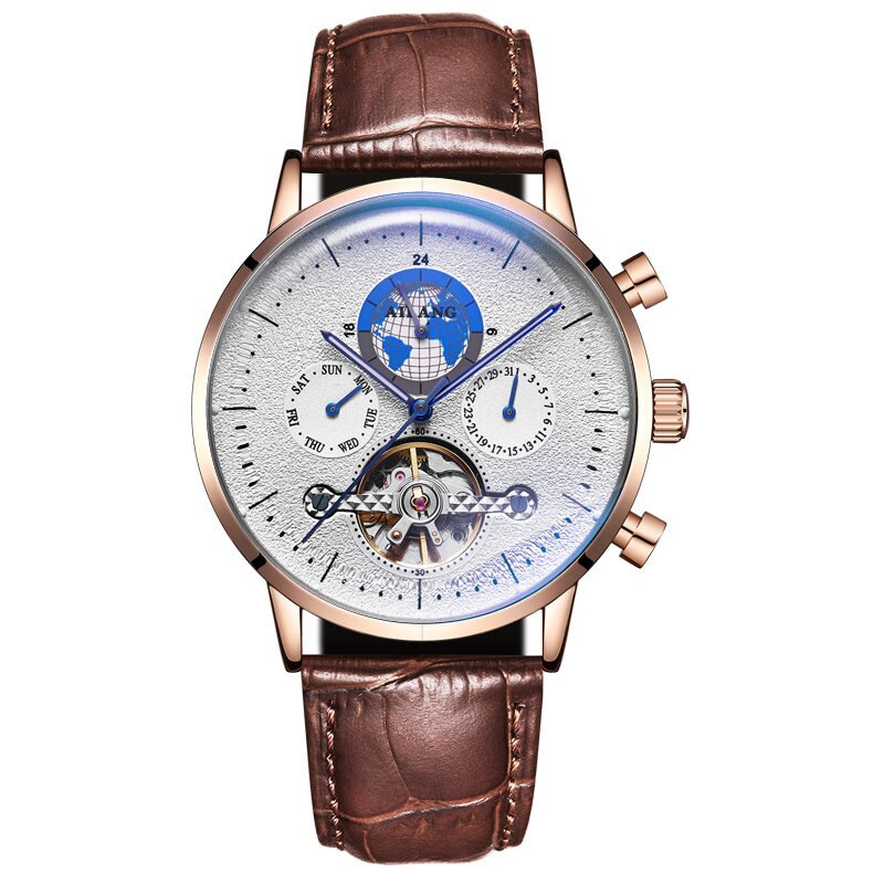 Ailang 2022 Mannen Business Tourbillon Automatische Mechanische Horloges Gradiënt Mannen Lederen Waterdichte Band 8613B: Brown Rose White