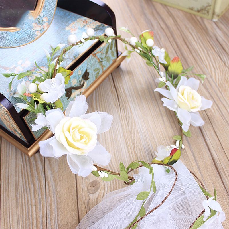 Bridal Wedding Tule Sluier Womens Rainbow Kunstbloemen Crown Lange Wijnstok Lint Hoofdband Haar Krans