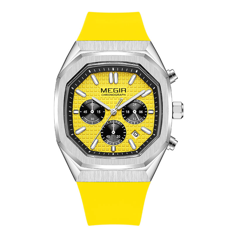Megir heren waterdicht horloge met achthoekige wijzerplaat, chronograaf, quartz polshorloge met olijfgroene siliconen band, datumweergave en lichtgevende wijzers 2215: Goud