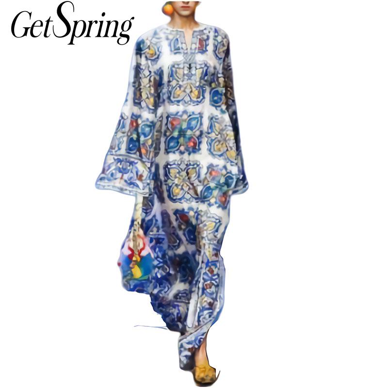 GETSPRING Vrouwen Jurk V-hals Print Lange Mouwen Maxi Jurken Losse Split Bohemen Jurken Sexy Lange Print Bloemen Maxi Jurk