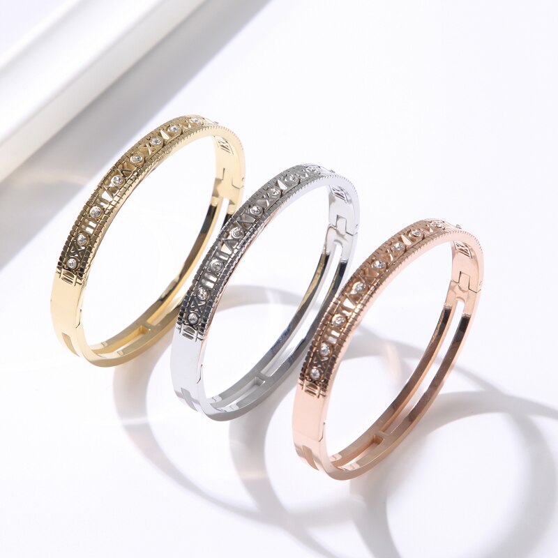 Luxury Hollow Roman Numerals Letter Stainless Steel Bangles For Women CZ Crystal Rinestone Women&#39;s Bracelet Jewelry Girl