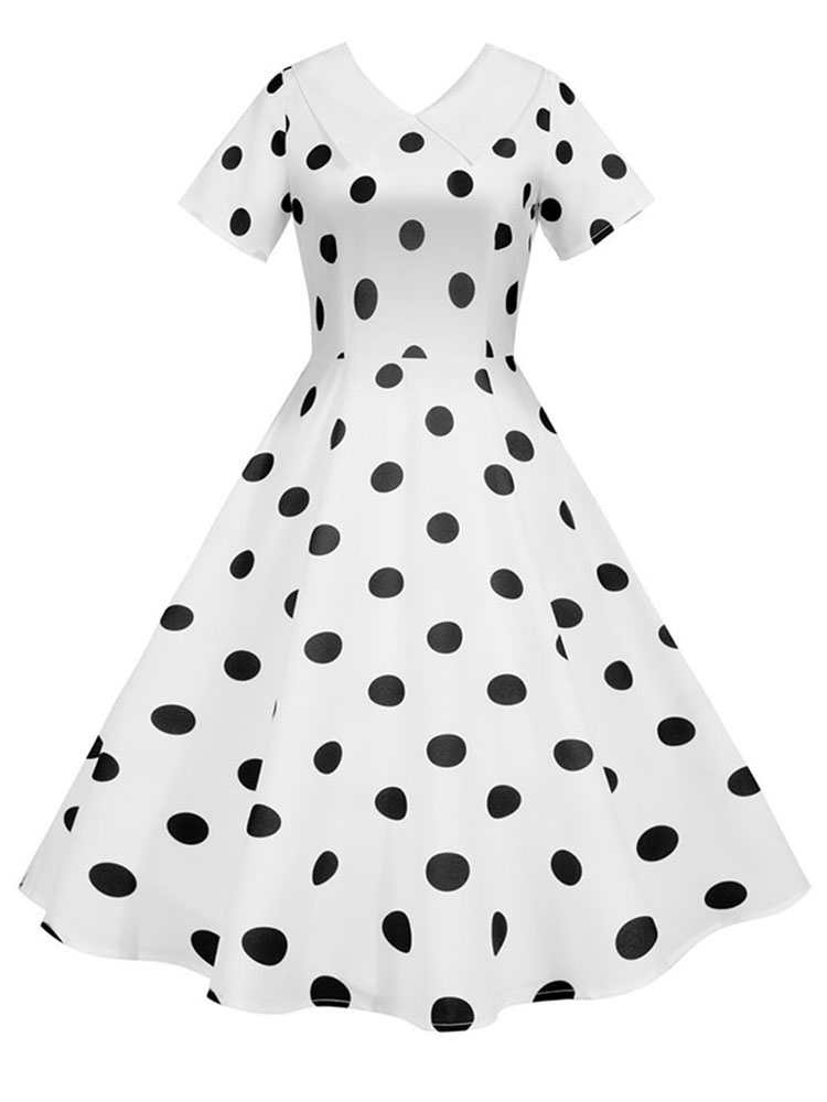 Robe d'été Vintage à pois pour femmes, col Peter Pan, ligne a, taille haute, manches courtes, élégante, vêtements rétro: S / WHITE