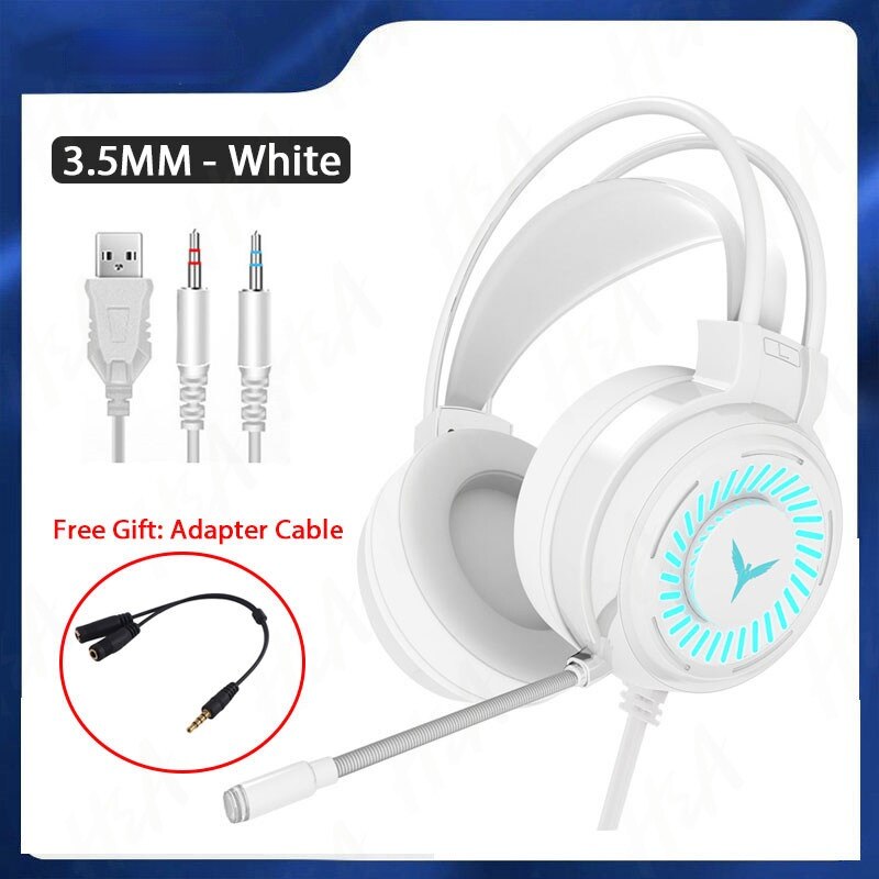 Gaming Headsets Gamer Hoofdtelefoon Surround Sound Stereo Bedrade Koptelefoon Usb Microfoon Kleurrijke Licht Pc Laptop Game Headset: 3.5mm-White