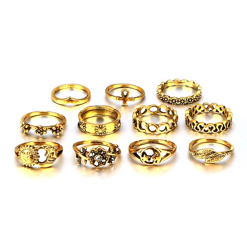 Tocona 11 Stks/set Vintage Punk Ring Set Hollow Bloem Midi Vinger Ringen Voor Vrouwen Bohemen Carving Leaf Sliver Gouden Ringen 4091