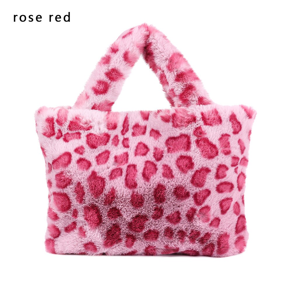 Winter Warm Fur Shoulder Bag Women Snap Button Vintage Leopard Print Bag Chain Large Capacity Plush Soft Bag: Rose red