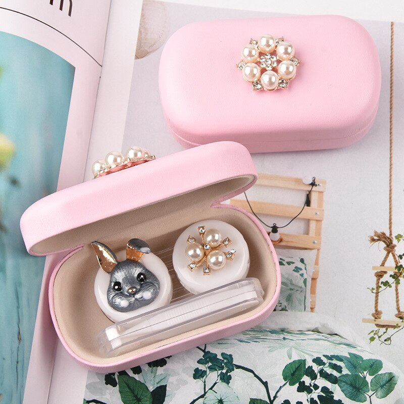 Estuche para lentes de contacto de conejo de dibujos animados para mujer, caja de almacenamiento, contenedor para lentes de ojo, conjunto de soporte, accesorios para gafas: pink