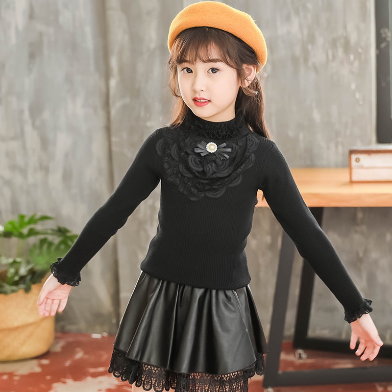 Children's PU Leather Skirt Autumn Winter Toddler Clothing Kid Faux Leather Mini Skirts Baby Princess Lace Clothes for 3-13Years