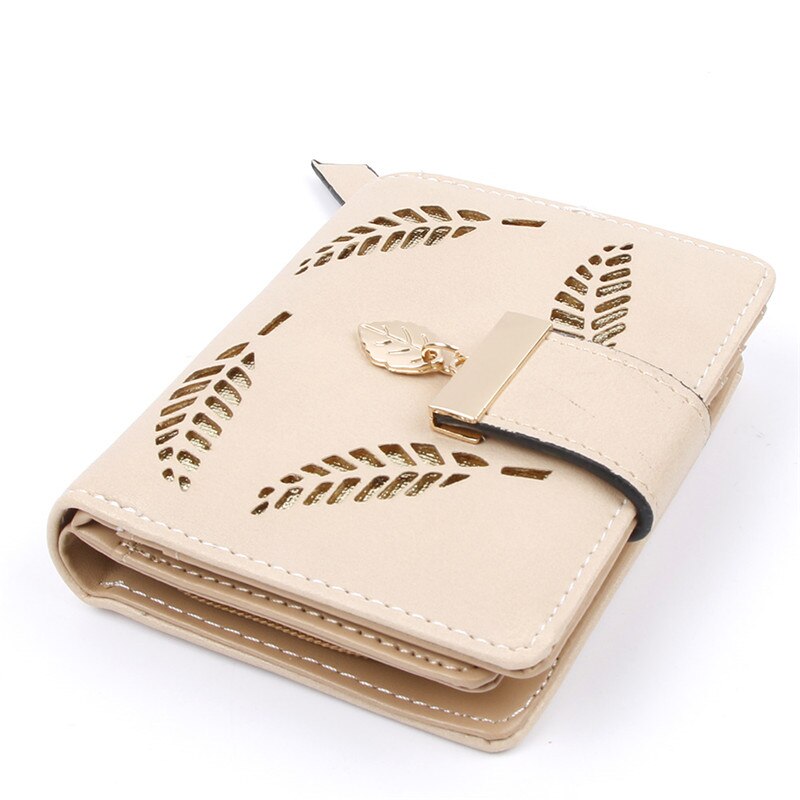 cuir PU femmes portefeuille fermeture éclair moraillon creux dame court sac à main feuille rétro portefeuille Photo porte-carte sac: beige