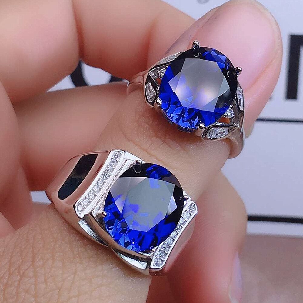 Blu di cristallo pietre preziose zaffiro anelli di diamanti per le donne degli uomini paio di bianco oro argento dei monili di colore bijoux bague regali di nozze