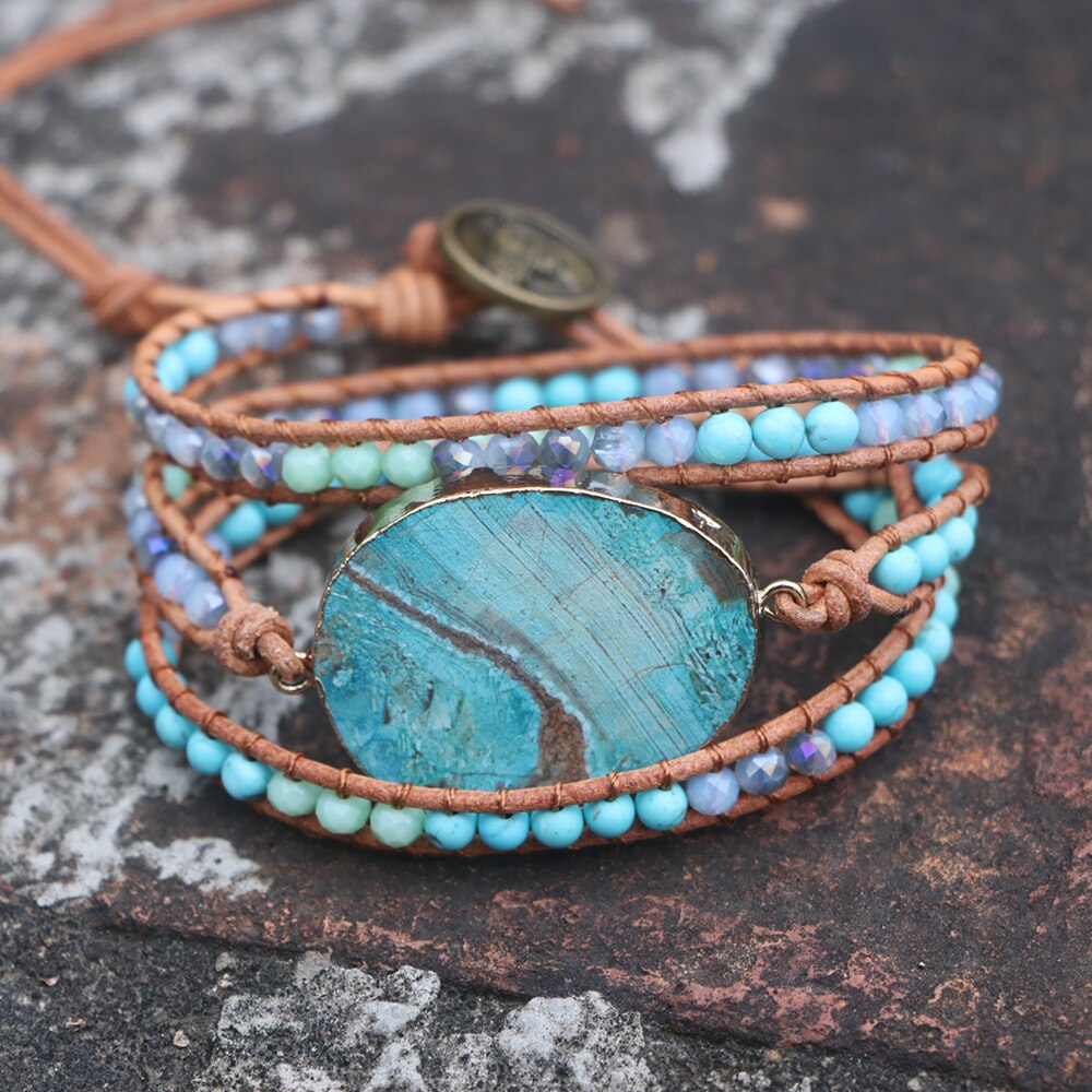 EDOTHALIA-pulsera de cuero con abalorios de piedra de mar para mujer y niña, brazalete de Amistad bohemio tejido a mano, Azul grande