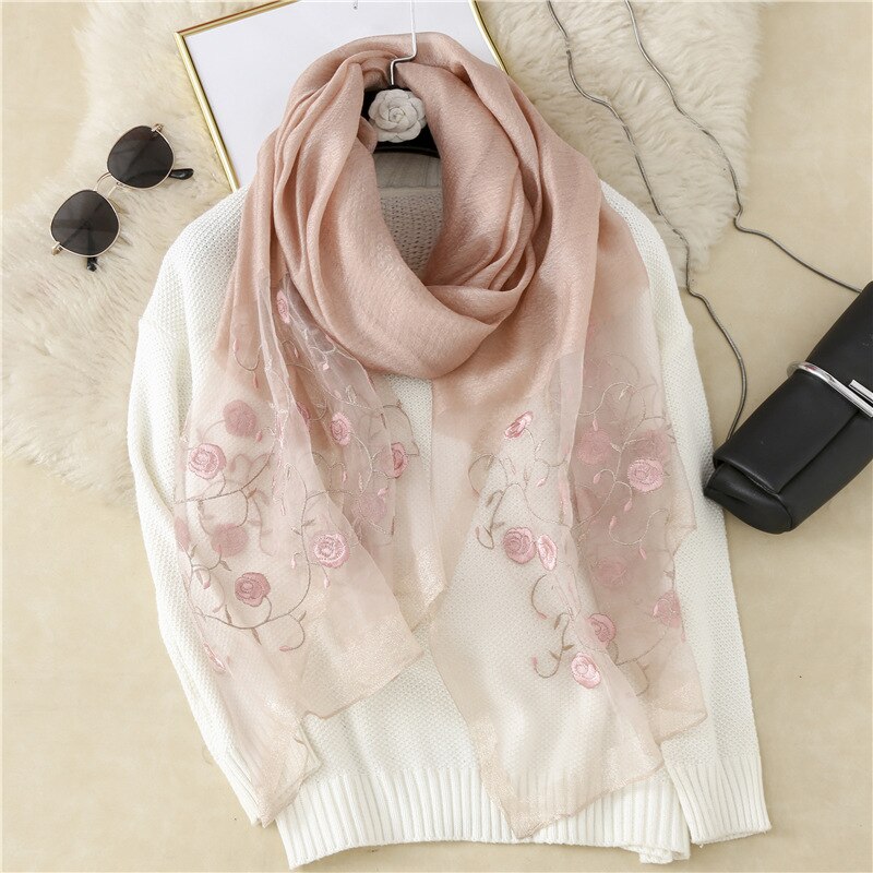 Real Silk and Wool Women Scarf Floral Embroidery Lady Headband Scarves Pashmina Shawl Wraps Bandana Hijab Big Size Beach