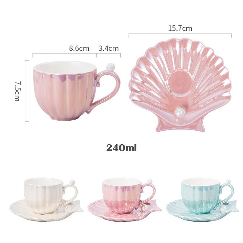Taza y platillo de perlas de concha hermosa para café, té, vajilla de cerámica para cocina y oficina, elegantes de café de cumpleaños y boda, 240ml