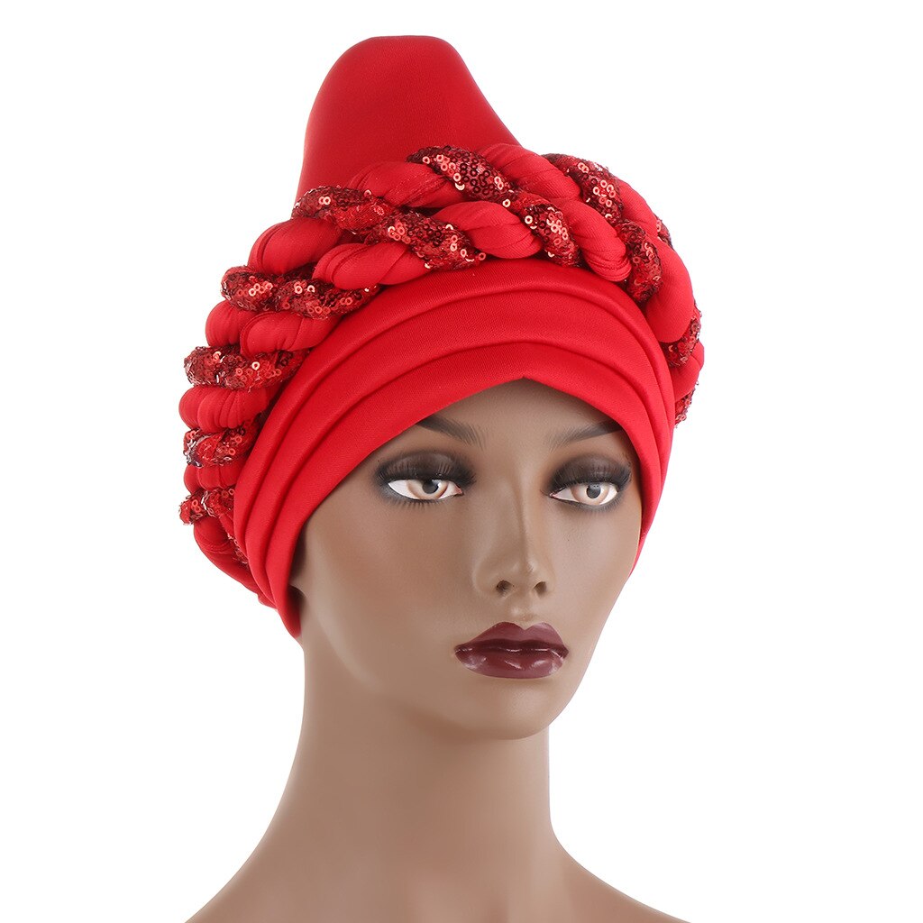 Couvre-chef africain en paillettes pour femmes, Turban, Bonnet musulman, prêt à porter, Hijab, chapeau de mariage: red