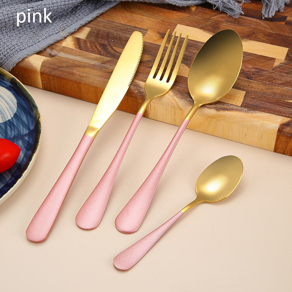 Gold Cutlery Set Stainless Steel Cutlery Western Dinnerware Set Kitchen Knives Spoon Pink Set Steel Cutlery Set: pink