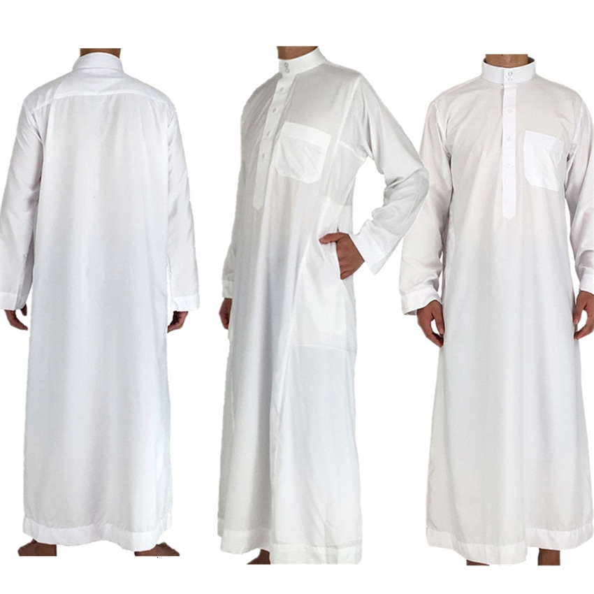 White Long Sleeve Islamic Men Clothing Jubba Thobe Abaya Dubai Saudi Arabia Traditional Ramadan Kurta Eid Arab Robes