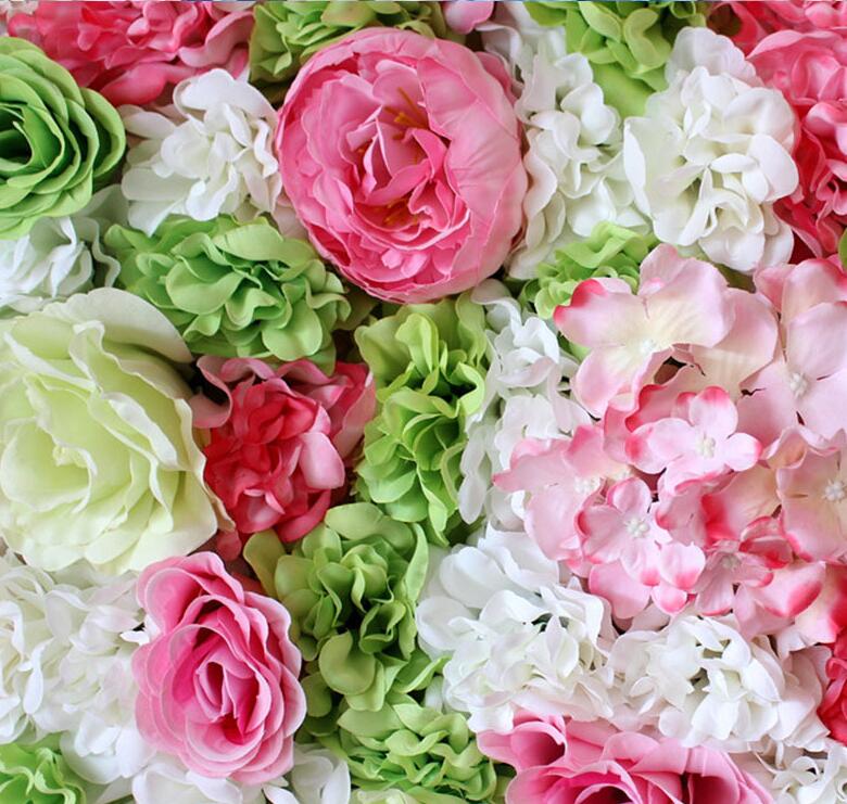 60 x 40cm kunstige silke blomsterpaneler, roser, peoner, hortensia blomsterbakgrunn for bryllupsfest blomsterveggdekorasjon