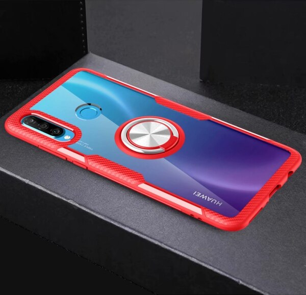 Huawei P30 Lite Case Cover Luxe Transparante PC + Carbon Fiber Volledige Bescherming Ring Magnetisme Shell sFor Huawei P30 Coque funda: Huawei P30 Lite / Rood