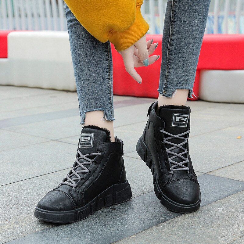 Leather Women's Sport Shoes Warm High Top Women Sneakers Comfort Platform Ladies Running Shoes Lace Up Woman Sports Shoes B58