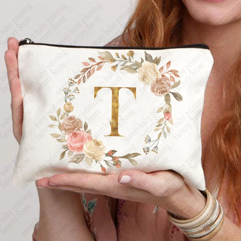 Floral Hoop Initial Zipper Makeup Pouch Travel Essentials Wedding Makeup Storage Organizer Bachelorette Party Bag for Girls: Ivory