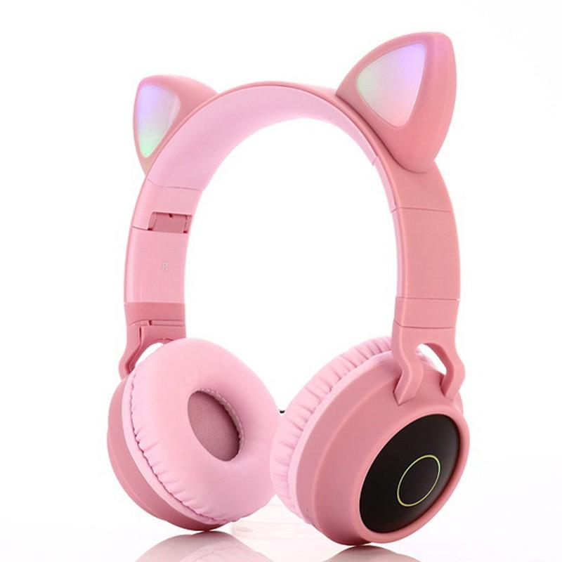 BT028C Bluetooth 5.0 casque sans fil pliable LED oreille Flash mignon rose écouteurs avec Microphone mains libres pour: Pink