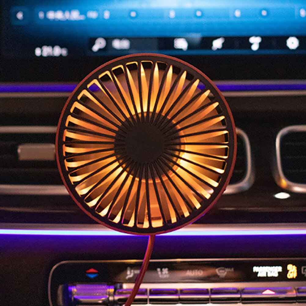 Ventilador giratorio de 360 grados para coche, luces LED de colores y potencia USB, ventilador de aire de refrigeración potente montado en la rejilla de ventilación