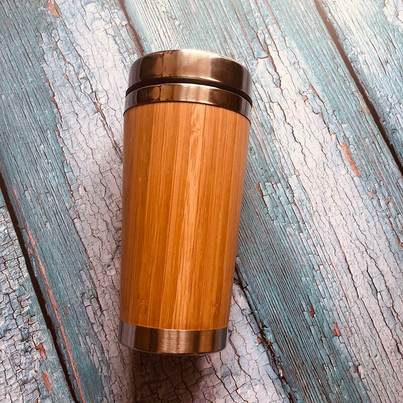 UPORS 450ML Natural Bamboo Travel Mug with Lid Stainless Steel Coffee Cup Tumbler Bottles Beer Coffee Mug Tea Cup