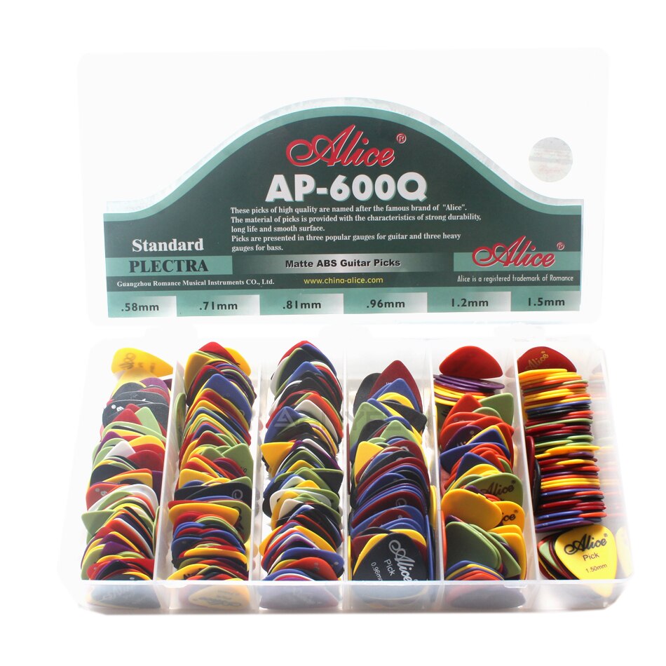 Palheta de guitarra elétrica alice para violão, 600 peças abs antiderrapante palheta de cores variadas e espessura atacado