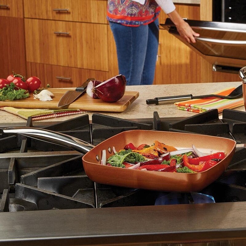 Non-Stick Square Steak Frying Pan Copper Color Aluminum Striped Frying Pan Single Bottom Aluminum Pan