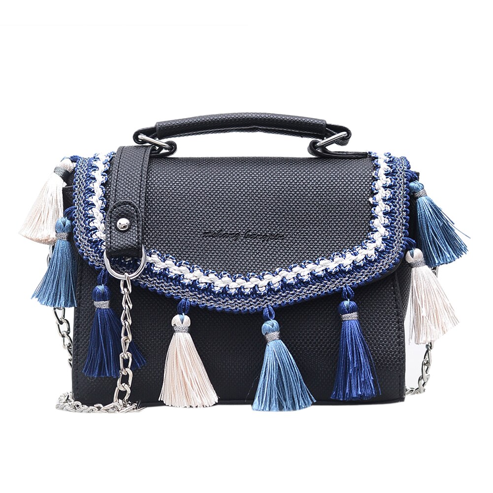 Quaste Schulter Bote Tasche Frauen Mädchen Kleine Quadrat Jahrgang Kette Umhängetasche Einkaufen Handtasche Bolsas Feminina Mujer: Schwarz