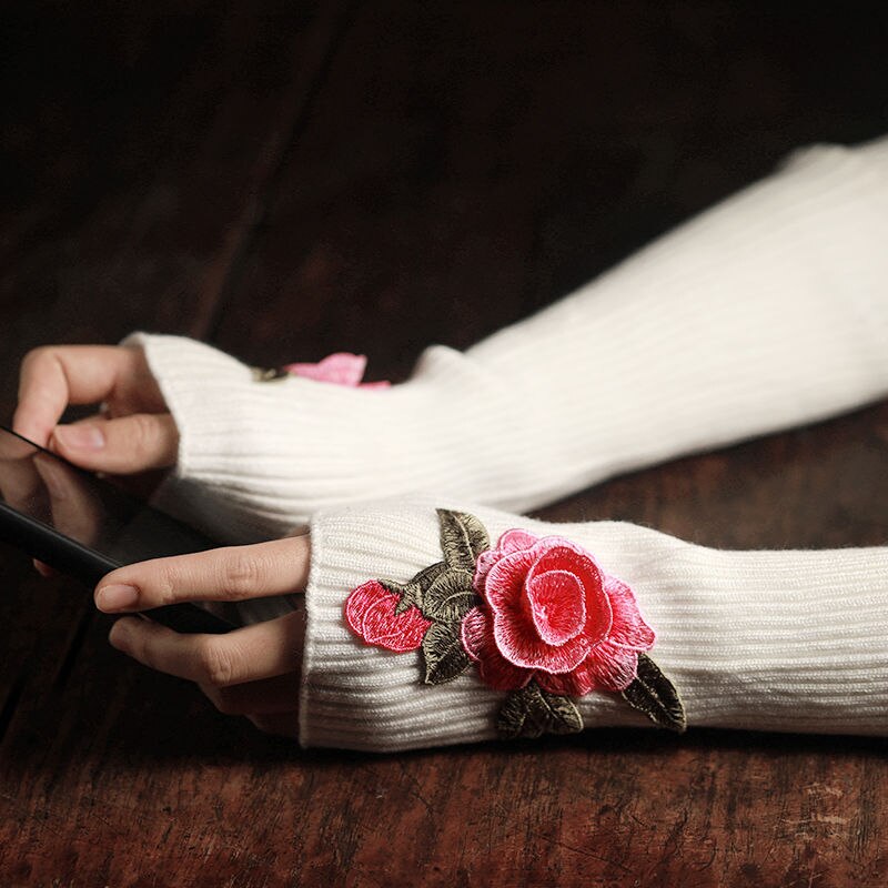 Wonens Embroidery Gloves Punk Womens Long Winter Fingerless Gloves Womens Long Winter Fingerless Gloves