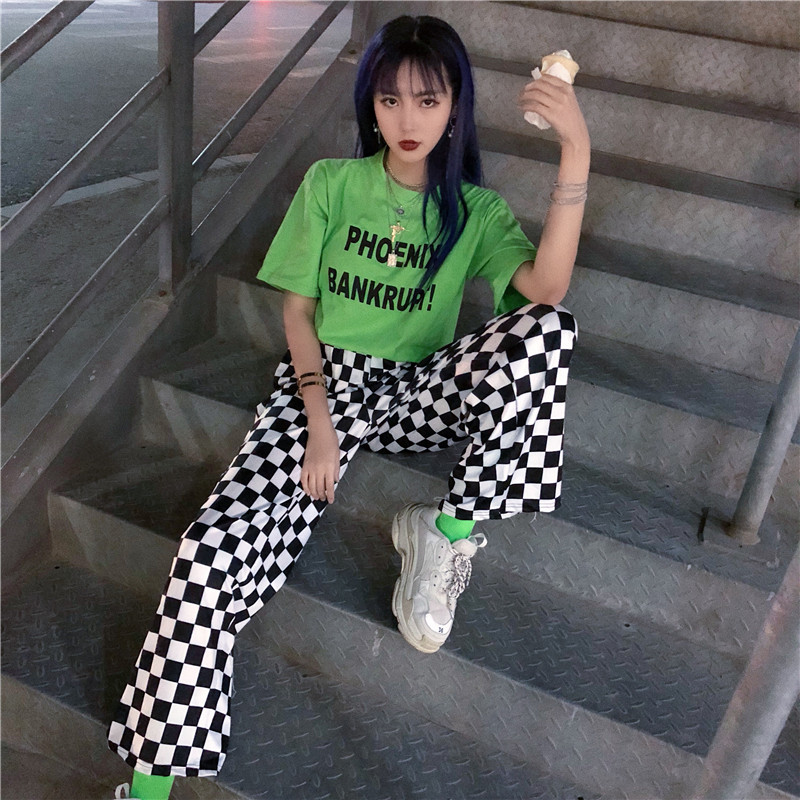 Focal20 Streetwear Plaid Vrouwen Broek Elastische Taille Volledige Lengte Geblokte Zwart-wit Casual Losse Rechte Broek