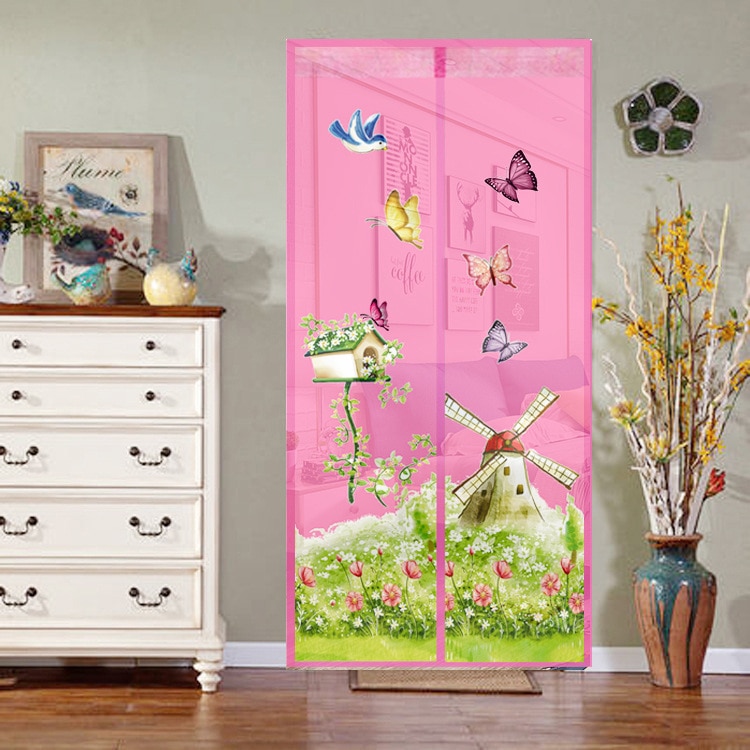 Zomer Patroon Magnetische Knop Klamboe Deur Screen Slaapkamer Keuken Zacht Garen Deur Gordijn Anti Insect Fly Mesh Deur Netto: Roze / 90-210