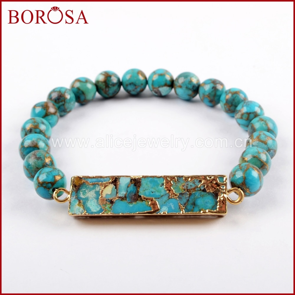Borosa måke rektangel kobber turkis armbånd med 8mm turkis perler håndlaget armbånd til kvinner edelstener armbånd  g1651