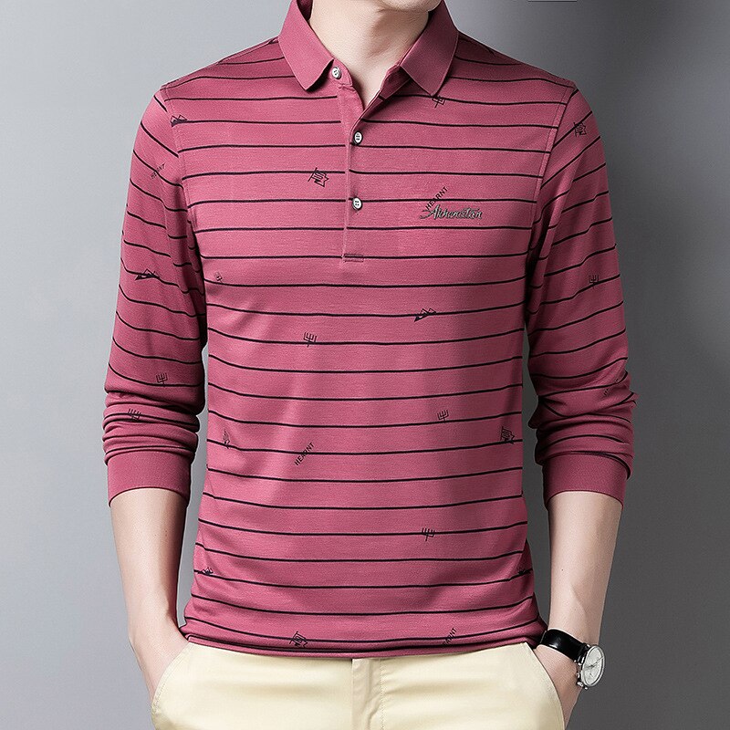 Efterår stribe tryk herre langærmet polo shirt business casual revers mærke polo shirt mandlig