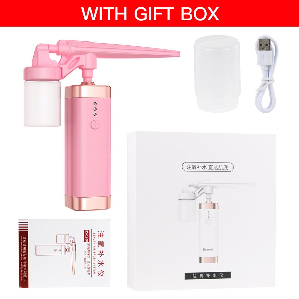 Oxygen Injection Moisturizing Beauty Machine Spray Portable USB Charging Nail Art Face Paint Cake Wireless Beauty Air Brush: Pink with gift box
