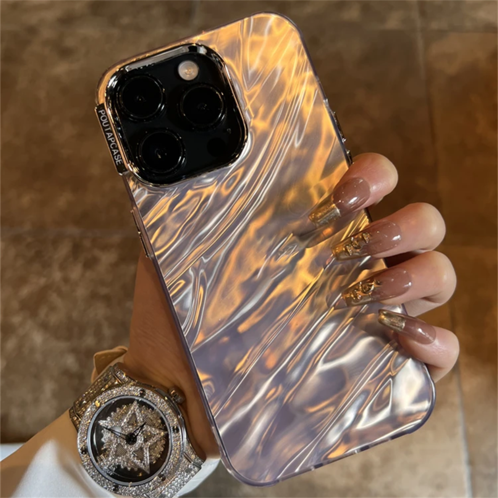Koreanskt lyxigt pläterat vattenvågigt vikt vågigt telefonskal till iphone 14 15 pro max 11 12 pro 13 stötsäkert mjukt bakstycke: Konstgjort läder / Beige