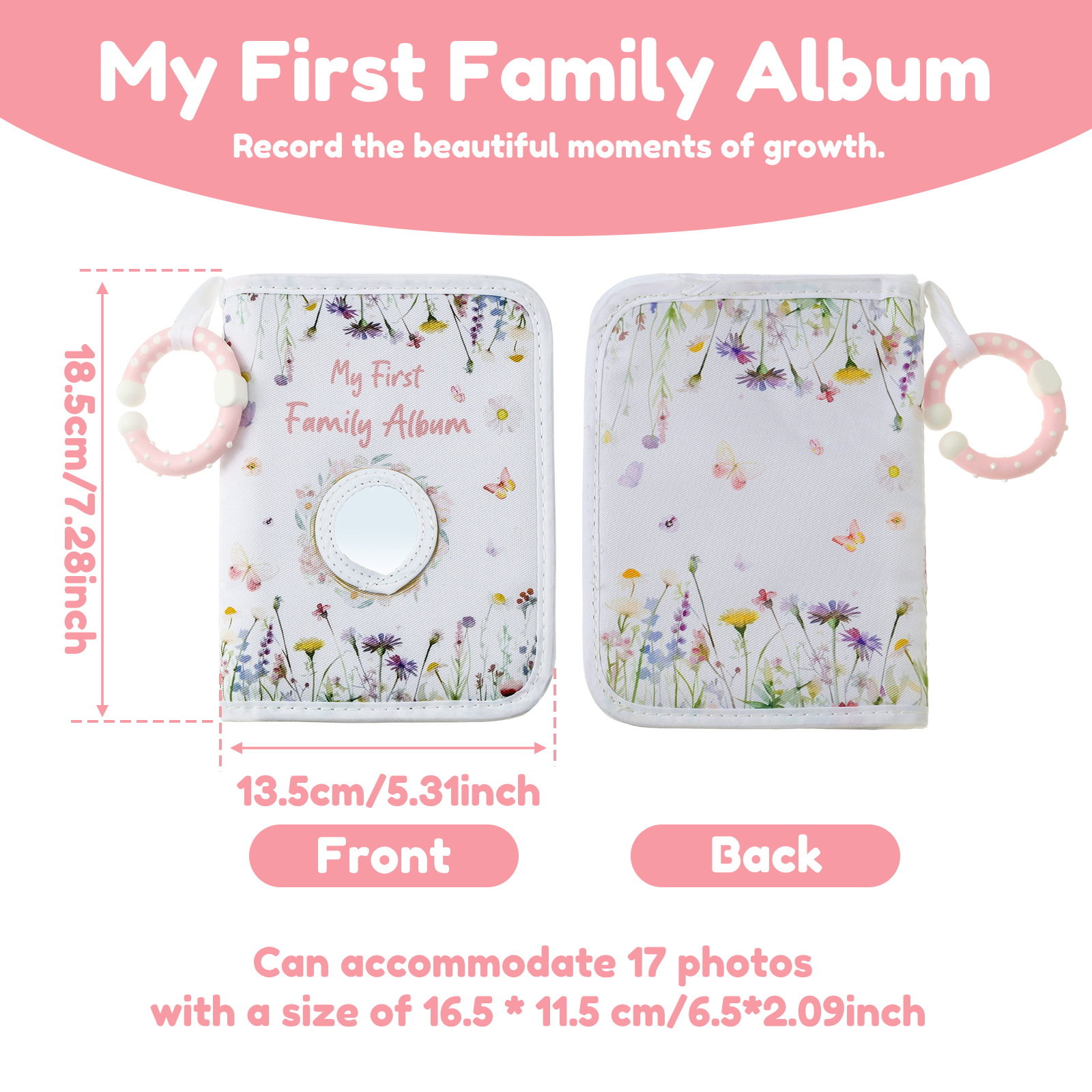 Baby Photo Memory Book with Hook Mirror Newborn First Family Photo Album Holds 17 Photos Baby Shower Gender Reveal Party