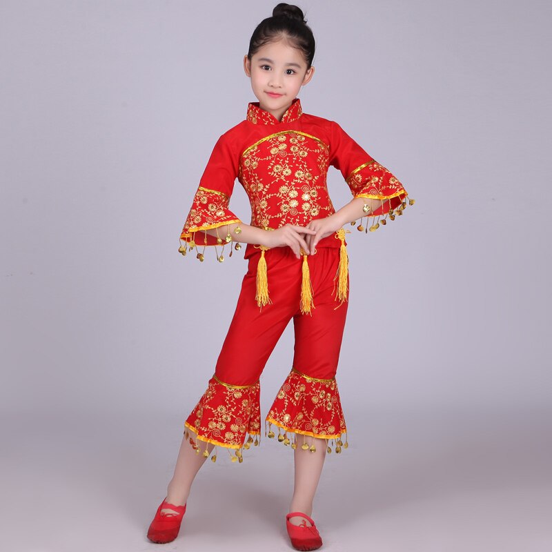 Chinese Volksdans Kostuum Kinderen Han Etnische Nationale Dans Kleding Kinderen Meisjes Klassieke Dans: Rood / XL