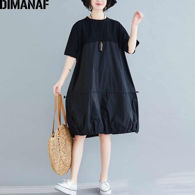 DIMANAF-vestido holgado y plisado de algodón para mujer en tallas grandes, informal, negro, liso