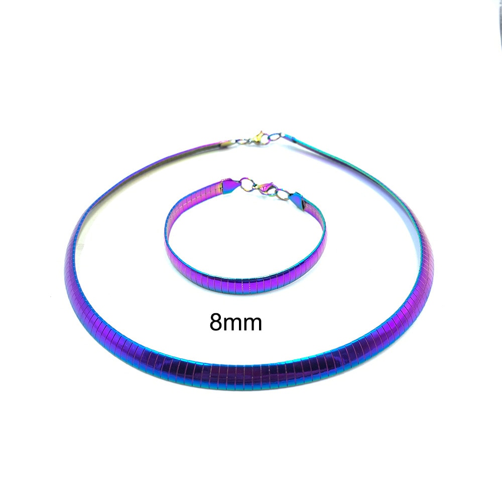 8MM Colorful Collar Stainless Steel Necklace Women Choker Torques Jewelry Snake Chain Bracelet Set For Girls