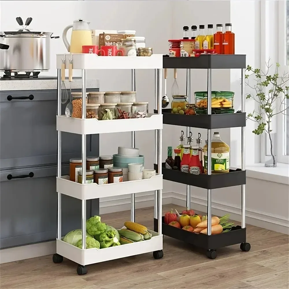 Schlanker Aufbewahrungswagen auf Rädern, rollender Mehrzweck-Rutsche, Badezimmerwagen, 3/4-stufiges Bücherregal, organisieren Sie Snacks, Karren, Küche, Schlafzimmerregal