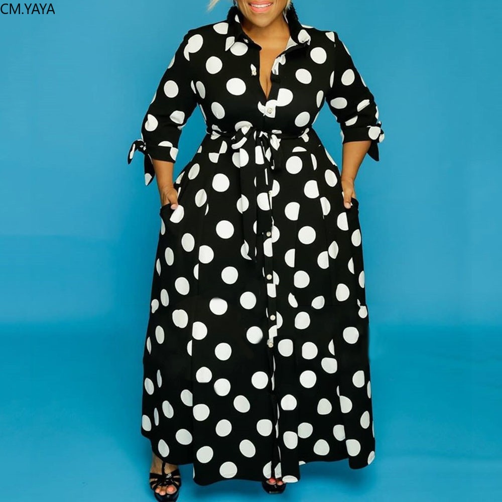 CM.YAYA-Vestido largo con estampado de lunares para mujer, ropa de calle con botones, de talla grande, XL-5XL, otoño