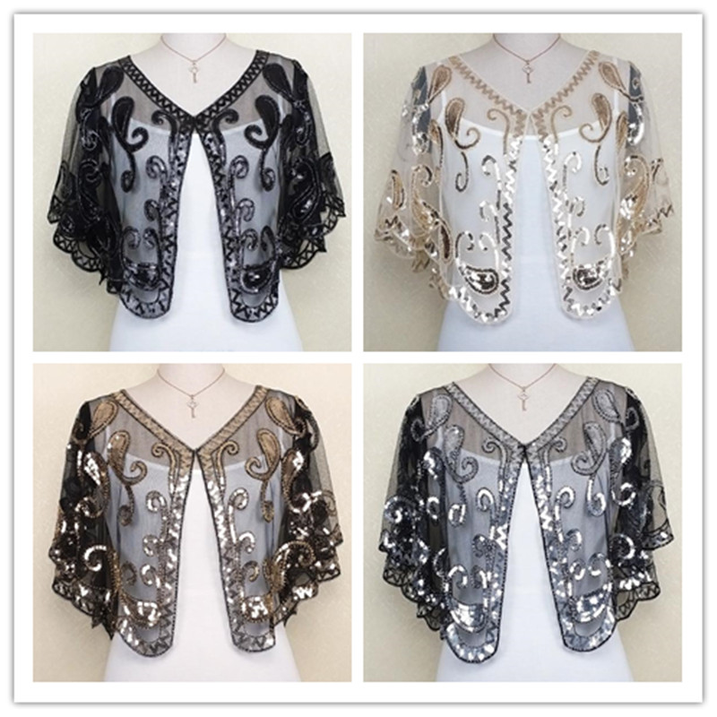 Capa de boda con cuentas de lentejuelas para mujer, Bolero, Capa, color negro, dorado y plateado, 5 colores