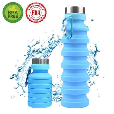 Siliconen Water Fles Squeeze Verstelbare Bpa Gratis Opvouwbare Lekvrije Bike Sport Flessen Met Haak Drinken Reizen Waterkoker 550ml: sky blue