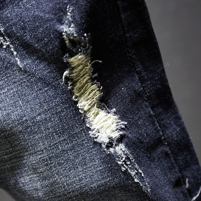 Jean déchiré pour hommes, pantalon en jean pour hommes, Stretch, bleu foncé, coupe et détruit à trous et cassé, pantalon Biker, Hip hop, décontracté