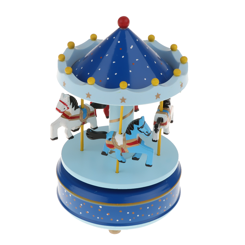 Leuke Houten Musical Box Met Draaibare Carrousel Met Kleine Paarden Wind Up Music Box Kids Schattige -Roze/blauw/Rood: Blue with Dot
